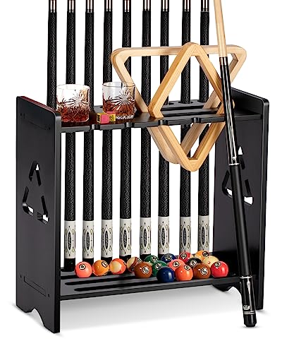 Pool Cue Stick Holder - Floor Stand Billiards Pool Cue Rack Oak Solid Wooden Holds 9 Cues and Pool Table Accessories Organizer