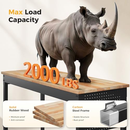 Image of CAMMOO 60 inch Adjustable Heavy Duty Workbench, 2000 LBS Load Capacity Rubber Wood Work Table with Pegboard, Power Outlets, Work Bench for Garage, Workshop, Office, Home, Commercial