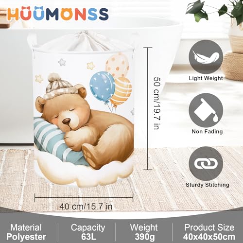 Image of Sleeping Animals Baby Laundry Hamper Collapsible Clothes Kids Storage Basket Large Boys Girls Gift Toy Box Bin for Nursery, Bear, 63L