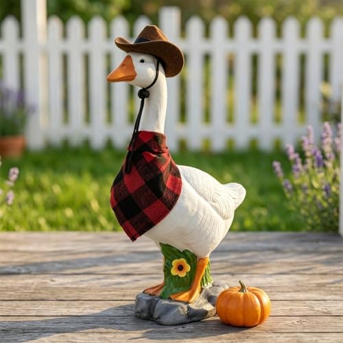 Realistic Large Porch Goose Statue Adjustable Hollow Goose Figurine with Removable Bandana & Hat Yard Art Decoration with Sand-Fillable Design for Indoor Outdoor Stability