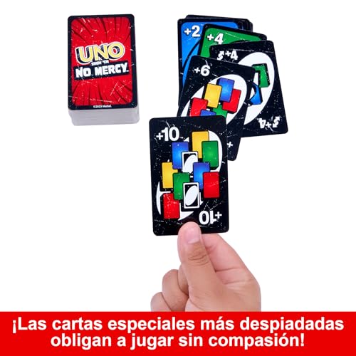 Miniatura 4 de Mattel Games Juego de cartas UNO No Mercy Juego de mesa familiar con cartas nuevas, reglas especiales y penalizaciones más despiadadas, +7 años (HWV18)