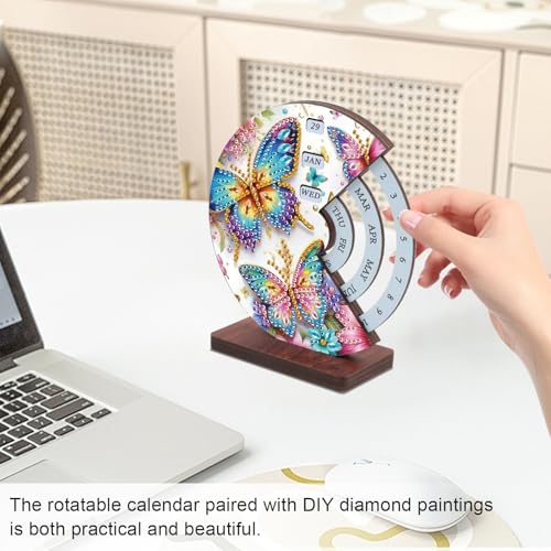 Image of AiYuanzsh Diamond Painting Tabletop Perpetual Calendar - 3D DIY Wooden Desk Ornament with Colorful Butterfly Design, Sparkling Diamond Art Kit for Desktop Decoration & Gifts