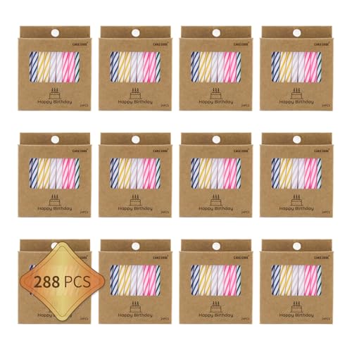 CAKE CODE 288-Count Classic Spiral Birthday Candles Multicolored Bulk Party Candles for Cupcakes Tiered Cakes and Milestone Celebrations