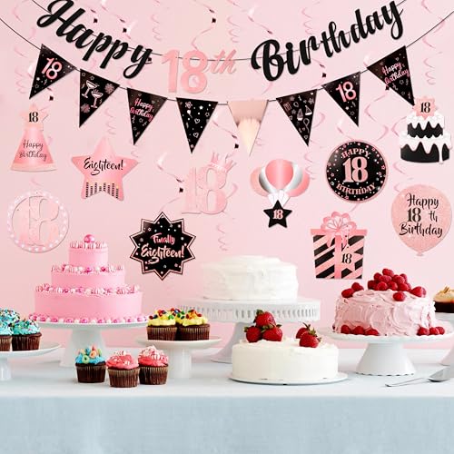 Image of 18th Birthday Decorations for Girls Rose Gold Pink Pre Strung Happy 18th Birthday Banner and Hanging Swirls 18 Year Old Party Decorations Supplies