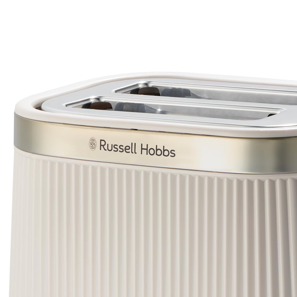 Russell Hobbs Grille pain [pour 2 tranches] Brontë Stone (6 réglages, finition beige mate, accents dorés, décongélation, réchauffage, surélévation, Lift et Look, support pour petits pains) 26761-56