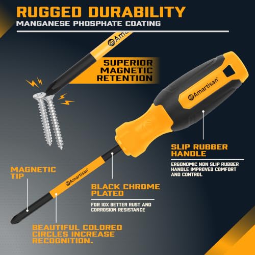 Image of Amartisan 12-Piece Magnetic Screwdrivers Set, 5 Phillips and 5 Slotted Tips Professional Cushion Grip Screwdriver Set (2pcs Portable Multifunction Key Mini Screwdriver)