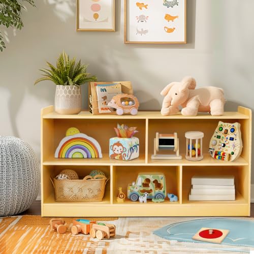 PTINFLUCE Montessori Shelf, Wooden Toy Storage Organizer for Books Toys, 2 Shelf Bookcase, 5-Section Storage Cabinet, Toddler Book Shelf for Kids Rooms, Playroom, Nursery, Kindergarten (Natural)