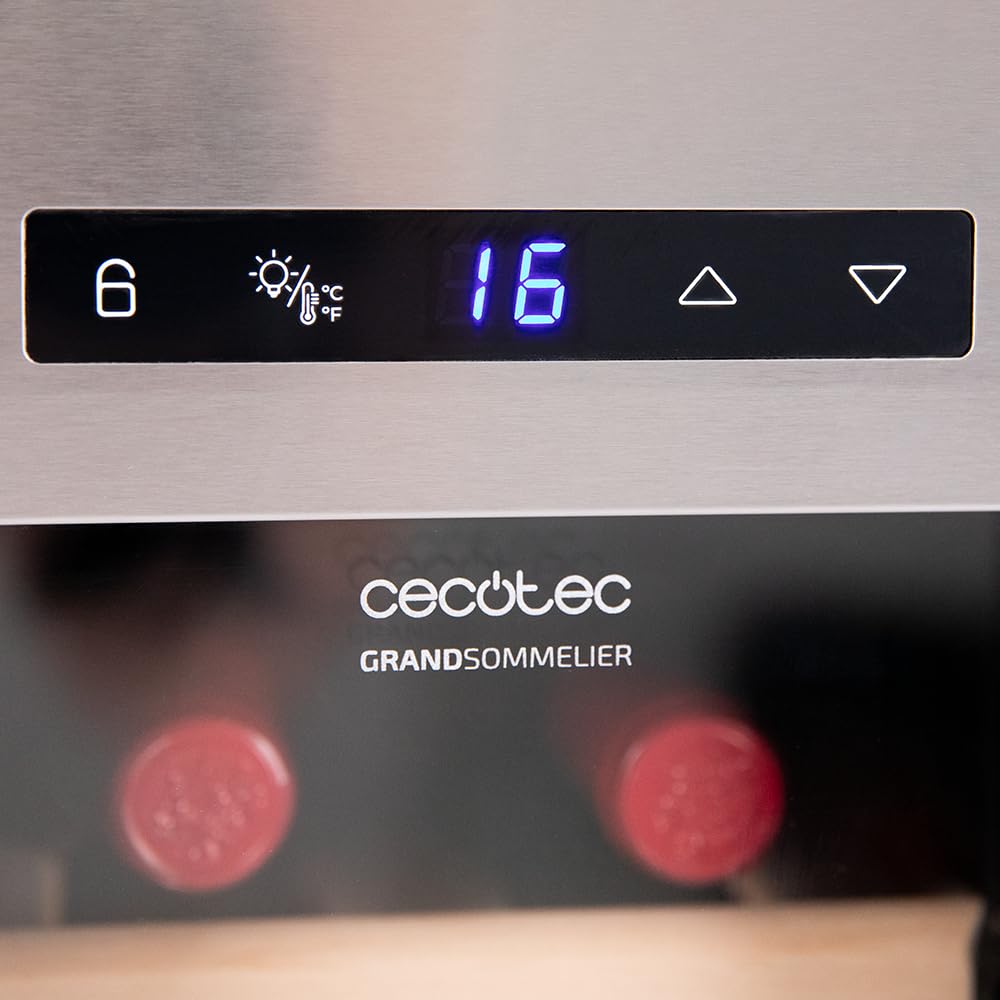 Cecotec Vinoteca 12 Botellas Bolero GrandSommelier 1270 CoolWood. Nevera para Vino, Enfriamiento Termoeléctrico, Temperatura regulable y Luz LED interior, Diseño en Madera e Inox