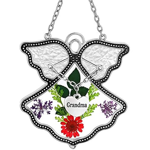Suncatcher Angel Stained Glass Grandma Wind Chime with Pressed really Flower body in Glass with Metal Trim Grandma Heart Charm - Gifts for Mother day for Mom Birthdays Valentine's Day Christmas Cover