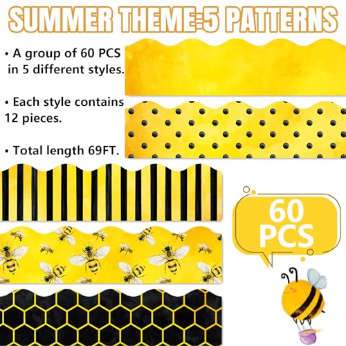 Image of Whaline 69 Ft Summer Bulletin Board Borders Watercolor Yellow Bee Honeycomb Spot Stripe Self-Adhesive Bulletin Board Trim for Summer Bee Day Decoration Party Home Office