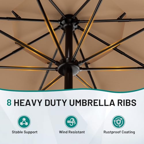 Image of AreShark 9ft 3-Tier Patio Umbrellas, Outdoor Umbrella with 8 Sturdy Ribs UV Protection Windproof, Market Table Umbrella w /Push Button Tilt & Crank for Pool, Porch, Deck, Garden(Beige)