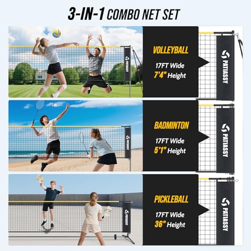 Image of Volleyball Badminton Pickleball 3-in-1 Combo Net Set, 5.1-7.4ft Adjustable Height Sports Nets for Backyards, Portable 17ft Outdoor Net with Carry Bag, Rackets and Balls