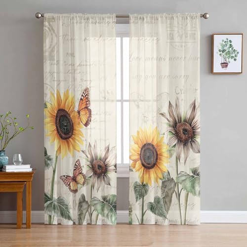 Sunflowers Farmhouse Sheer Curtains 72 Inches Long, Botanical Flowers Light