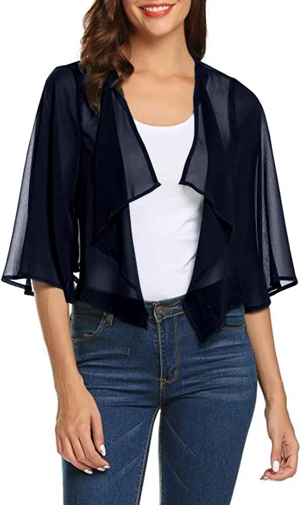 rrhss Womens Chiffon Open Front Half Sleeve Sheer Shrug Cropped Bolero Cardigans Navy