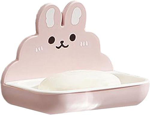 Contenedor de jabón sin perforaciones, plato de montaje en pared, diseño de conejo de dibujos animados, doble capa, caja de drenaje hueco para