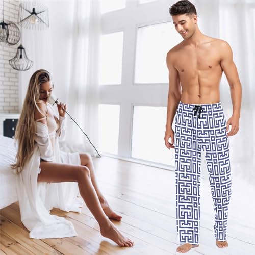 visesunny Mens Cotton Pajama Pants PJ Bottoms Blue Geometric Line Lightweight Soft Lounge Sleepwear with Pockets3