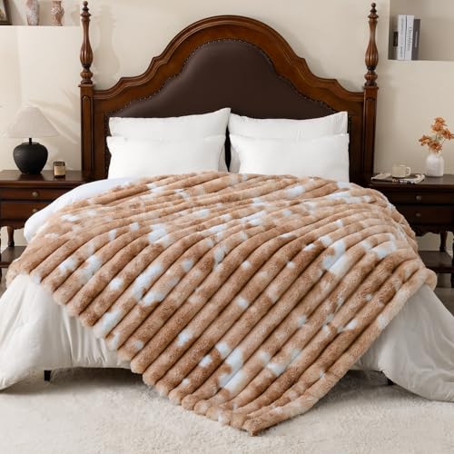 Vamcheer Kuscheldecke für Bett, 230x230 cm Super Soft Dick Wohndecke, Bubble Kaninchen Kunstfell Decke, Plüsch Doppelgesicht, Weich und Warm Überwurf, Tie-dye Braun