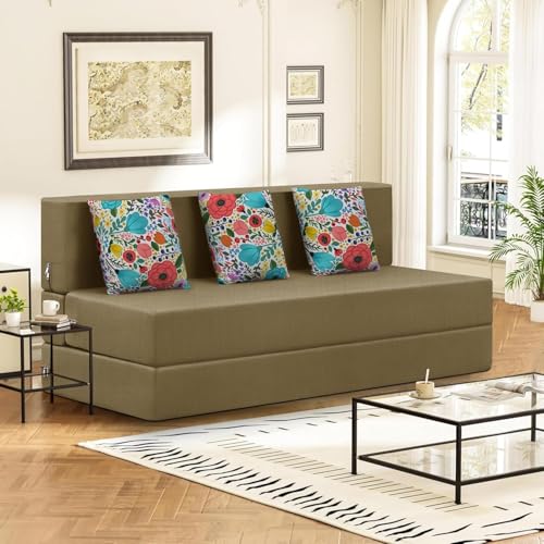 Image of Rosebell-5x6-Feet Modern Sofa Bed, Space-Saving Folding Couch with Jute Fabric, Dual Floral Accent Cushions, Compact Sleeper Sofa for Living Room, Guest Room & Small Apartments-Golden