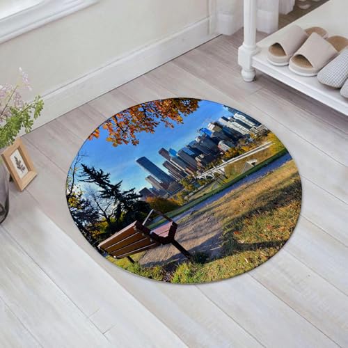 FSDGY Badvorleger Fußmatte Flauschig Teppich Badezimmerteppich Duschmatte für Bade & Wohnzimmer Schlafzimmer,Stadt, Parkbank mit Blick auf die Skyline von Calgary, Alberta in er,60x60 cm