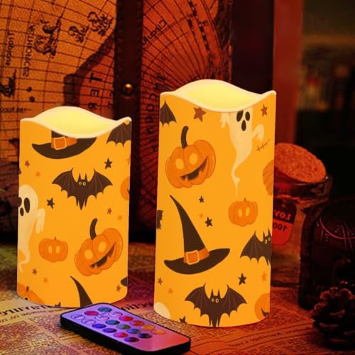 Image of Pumpkin Flameless Battery Operated Lamp with Remote Control | LED Flickering Battery Operated Color Changing Electric Pillar Candles for Living Room Halloween Home Decoration, 4 Pack