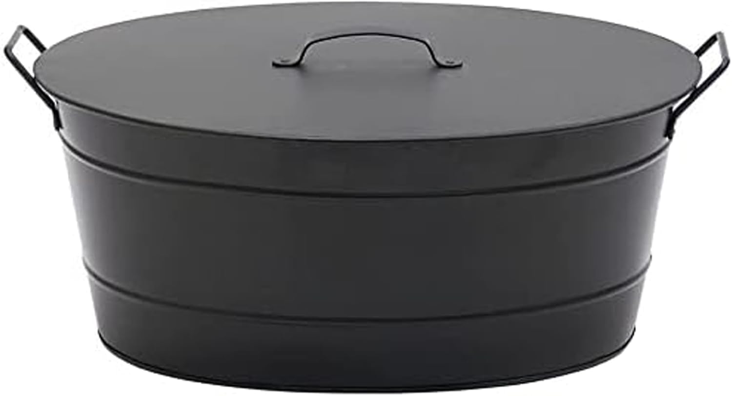 Traditional Black Oval Tub with Lid Iron and Powder Coated Finish for Firewood with Handles for Easy Carrying, Get-Together Serve Up for Parties