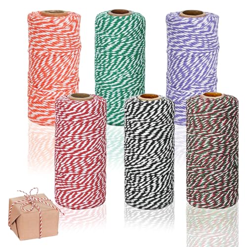Cordón de Algodón de Colores Mezclados, 6 Rollos de Hilo Macrame 100 m x 2 mm, Hilo de Algodón, Cordón de Paquete, Bicolor para Manualidades, Envoltura de Regalos, Floristería
