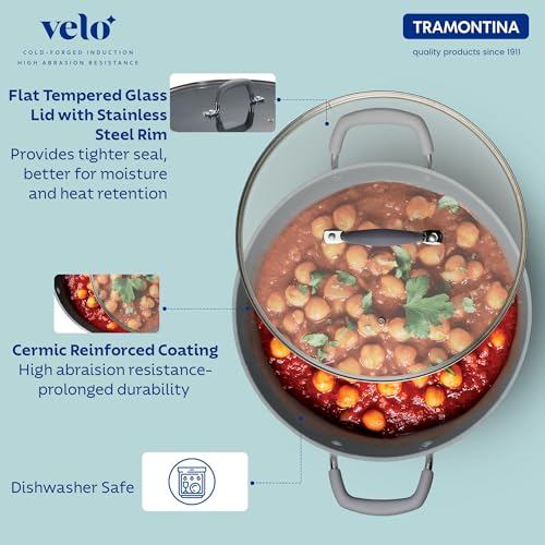 Image of Tramontina Velo 32cm / 8.0L Forged with Ceramic Reinforced Interior Kadai | Tempered GlassLid | Kadhai for Curry Deep-Fry Stir-Fry | Silicone Grip Handles | Gas /Induction | Cook & Serve | Sand Beige