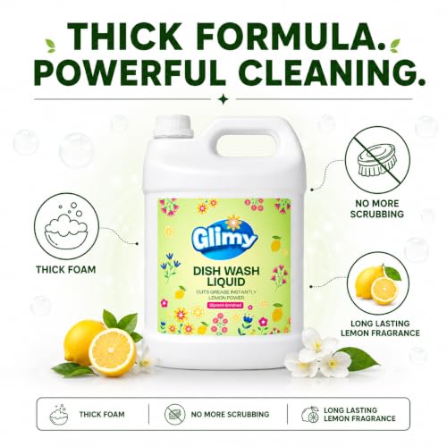 Image of GLIMY Dish Wash Liquid | 5.5 Litre Refill Pack | Glycerin Enriched | Coconut Based Surfactant | Powerful Grease Cutting | Safe on Hands | Kitchen Utensil Cleaner | Lemon Fragrance | Baby Safe