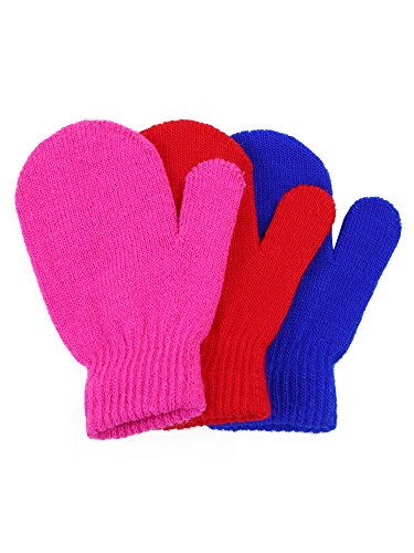Satinior 3 Pairs Toddler Magic Stretch Mittens Little Girls Soft Knit Mitten Baby Boys Winter Knitted Gloves (Pink, Red and Blue, 1-4 Years Size)