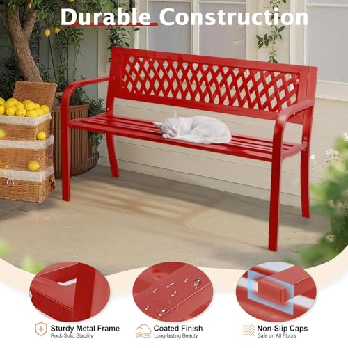 Image of VINGLI 47'' Outdoor Bench, Weather Resistant Garden Patio Bench Powder Coated Iron Frame w /PVC Mesh Backrest Slatted Seat, 2-Person Outdoor Furniture for Front Porch Entryway Park (Red)