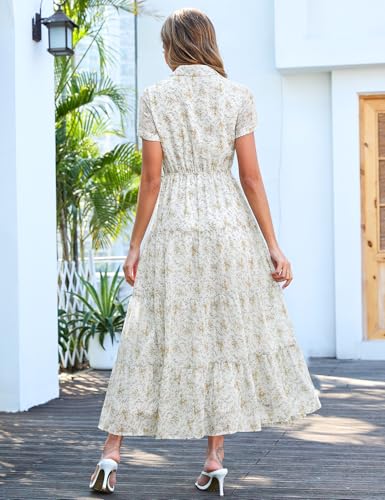 Image of Kranda Women 2026 Summer Collared V Neck Short Sleeve Button Down Chiffon Long Tiered Floral Maxi Dress with Pockets