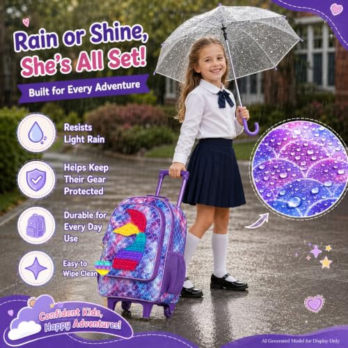 Image of CCJPX 3Pcs Mermiad Roller Backpack for Girls, Kids Rolling Wheeled Bookbag Toddler Elementary School Bag with Wheels - Purple