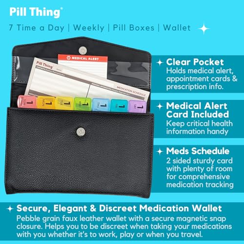 Image of Weekly Pill Organizer Case, 7 Compartments, Pebble Grain Faux Leather, Magnetic Snap, Medication Schedule Card (7X a Day Weekly with Wallet)