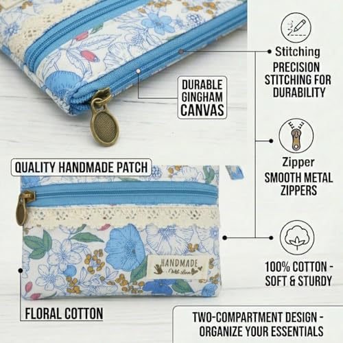 Image of Women Small Zipper Coin Purse, Handmade Fabric Flower Embroidered Change Pouch, Cotton Double Zipper Wallet