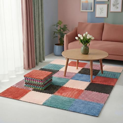 Tinideya Plush Interlocking Carpet Tile, Foam Puzzle Mat, Morandi, 12 Pcs
