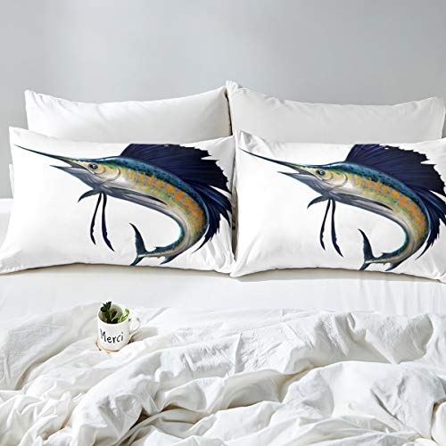 Sailfish Fish Bedding Set Striped Marlin Sheet Set Deep Sea Animal Fitted Sheet Ocean Fishing Hawaiian Beach Bed Cover For Kids Boys Girls Room Decor With 2 Pillow Cases Queen Size White Blue #TOP2