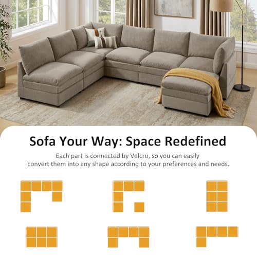 VANOMi 127\" Cloud Modular Sectional Sofa Couches for Living Room, Oversized Modern Sleeper Sofa with Deep Seat Double-Layer Thick Cushion Movable Ottoman, Convertible Upholstered Sofa Set, Taupe