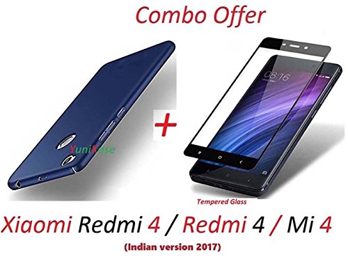 Mi redmi 4 / Xiaomi Redmi 4 / Redmi 4 / Mi 4 / Redmi4 / Mi4 (COMBO OFFER) All Sides Protection 360 Degree Sleek Rubberised Matte Hard Case Back Cover ( Blue ) + 2.5D curved 3D Edge to Edge Full Screen Tempered Glass Mobile Screen Protector - ( Black ) BY YuniKase