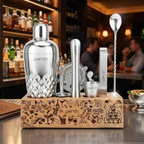 Image of O' Holic by Perch 10-Piece Bartender Kit with Printed Wooden Stand | Cocktail Shaker Gift Set with Jigger, Strainer, Spoon, Muddler & Corkscrew | Home Bar Accessories for Mixing Drinks| Silver