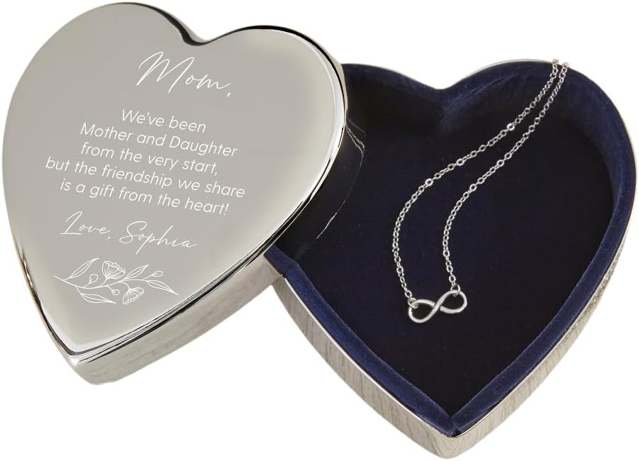 Personalization Universe 14k Gold Plated Infinity Necklace and Custom Engraved Jewelry Organizer Box Set for Mom - Dainty Gold Necklace for Women - Elegant Mother's Day Gift