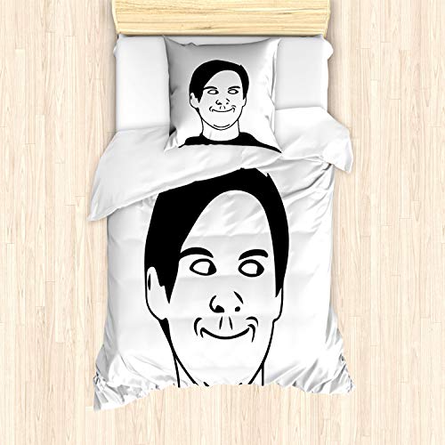 ABAKUHAUS Humour Ensemble de Housse de Couette, Oh Merde Troll Visage Guy, Décoratif 2 Pièces avec 1 Taie d'oreiller, 135 x 200 cm - 80 x 80 cm, Noir et Blanc