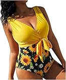 Wagsuilan Damen Einteiler Badeanzug Sonnenblume Gedruckt Schnürung vorne Badeanzug V Ausschnitt Wrap Bauchkontrolle Monokini für Damen, gelb, 36