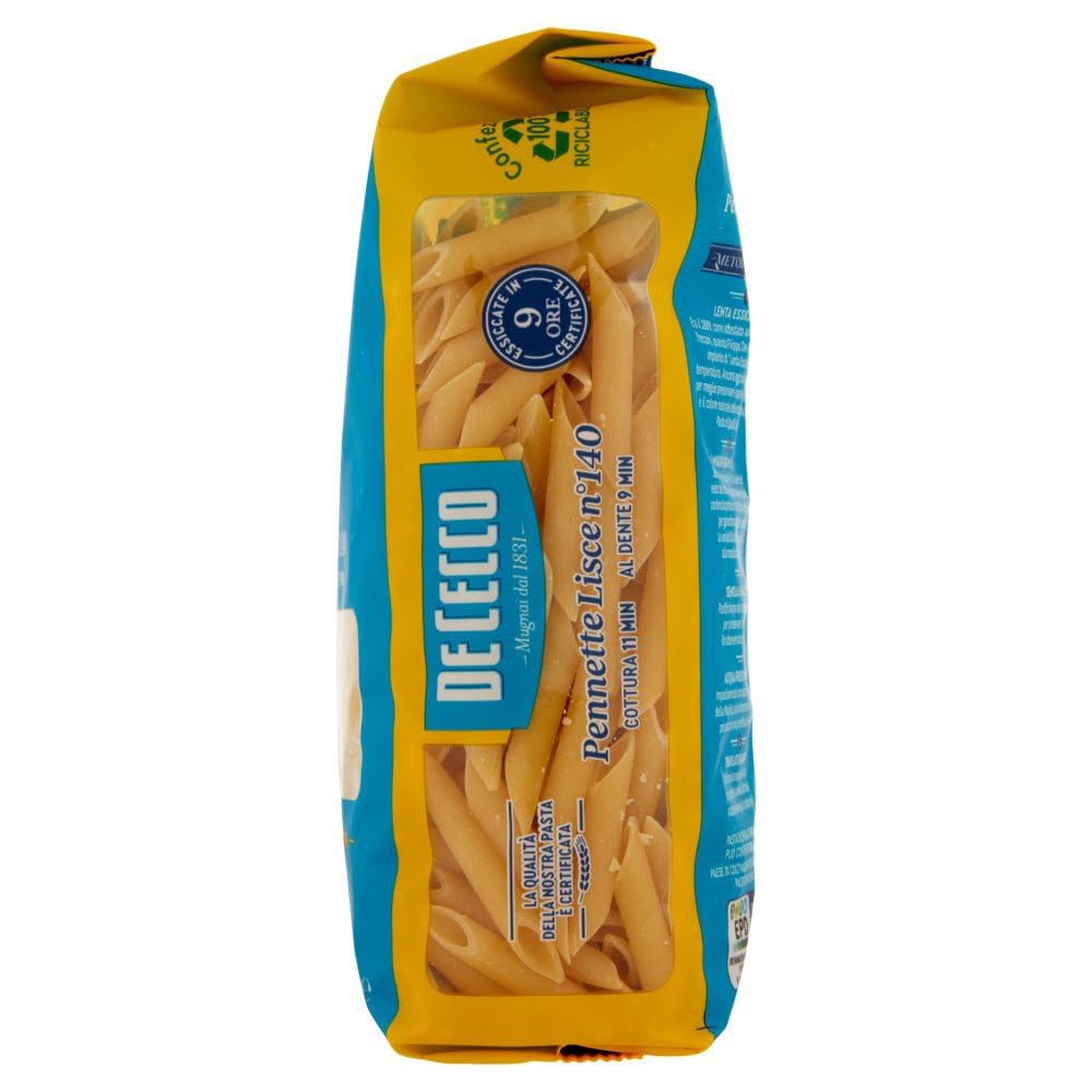 De Cecco Pennette Lisce n°140 - Pasta 24 x 500 g | Secado lento | Sémola de trigo duro de alta calidad | Horneado 11 min (al diente 9) | Ideal salsas de tomate & pesto + Italian Gourmet polpa 400 g