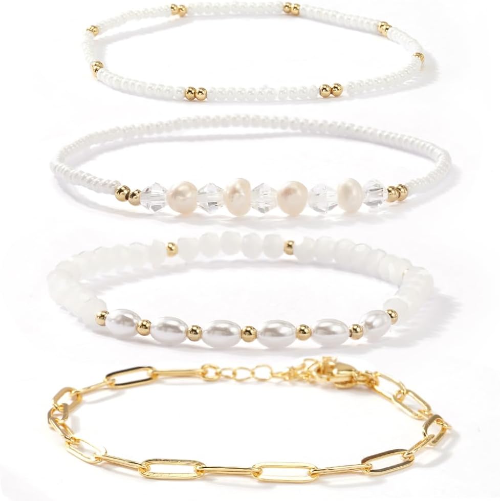Pearl crystal gold beaded bracelet for women 14K plated stack