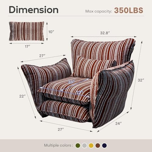 Image of Chenille Accent Chair with Lumbar Pillow, Brown Stripe, Wide Armrests, Deep Seat, 7 Inch High-Density Foam, 350 lbs Capacity