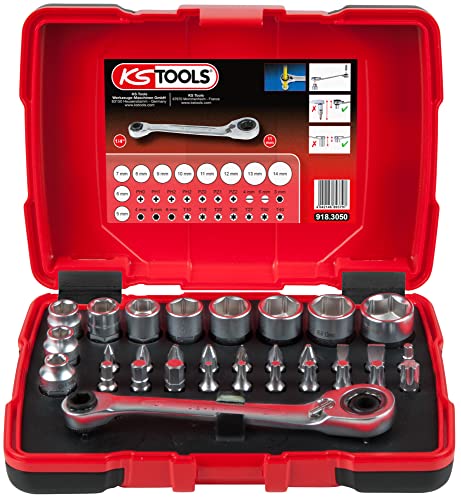 KS Tools - 918.3050 - Coffret de douilles traversantes 1/4 - 5 à 14 mm - Embouts de vissage - Tête de cliquet inclinée à 15° - Ultra compact - 31 pièces