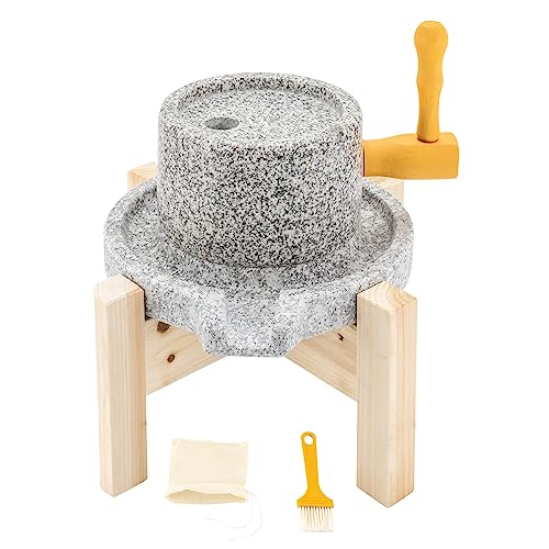 Stone Grain Mill Grinder, 1.6-2In Grinding Groove Diameter Natural Granite Stone Grain Mill Traditional Manual Grinding Tool Stone Grainer Mill with Wooden Frame for Seeds Nuts Corn Green Bean Barley