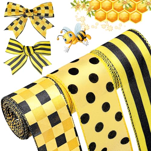Image of 3 Rolls 15 Yards Burlap Wired Ribbon Christmas Wrapping Farmhouse Craft Ribbon Plaid Striped Dot Pattern for Party Home DIY Crafts Holiday Decoration (Yellow and Black)