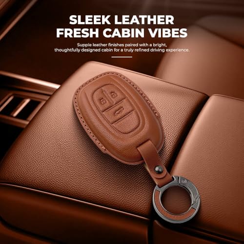 Image of Keyzone Premium Leather Key Cover & AC Vent Car Perfume Combo (4 Fragrances) | Compatible for MG Gloster 3 Button Smart Key. (Brown)