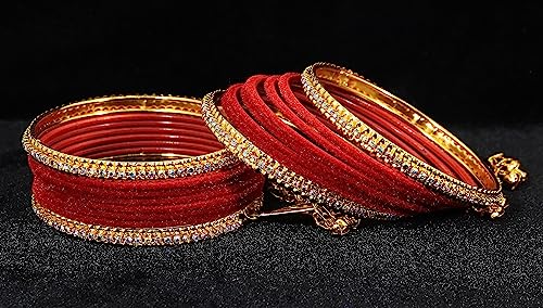 Image of NMII Metal with Zircon Gemstone and Velvet Studded Bells Latkan Bangles Set For Girls and Women I Latkan Bangles, Premium Bangle Bracelet Set I Pack of 16 Bangles